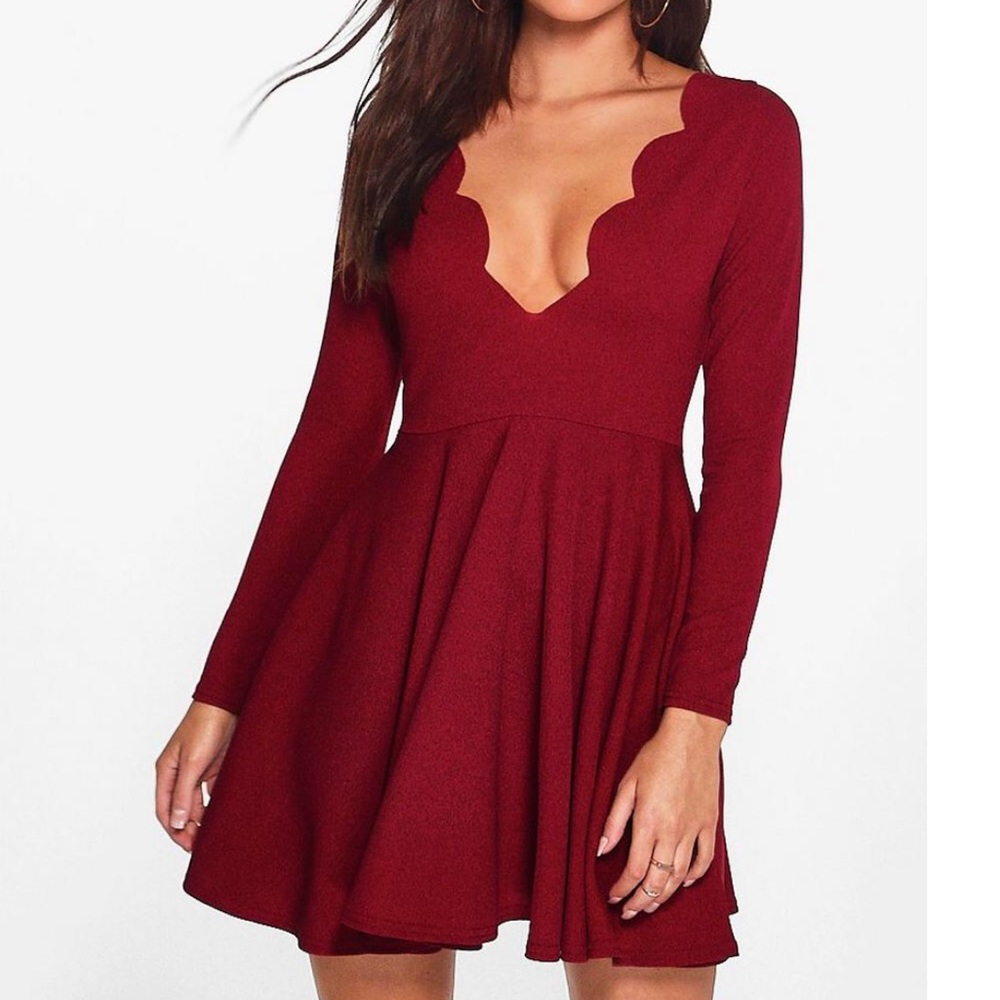 Long Sleeved Scallop Plunge Skater Dress